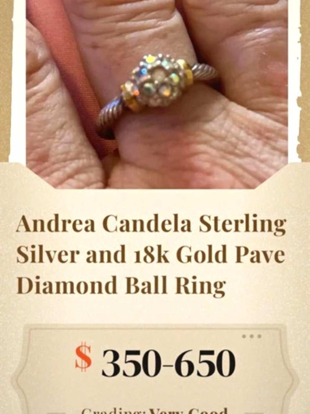 Andrea Candela 925 Sterling Silver 18k Gold Pave Diamond Ball Ring Size 7.75